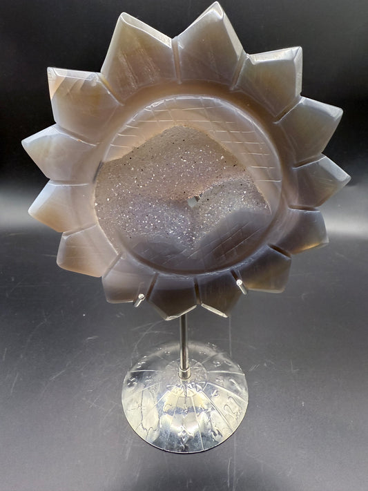 Agate Sunflower Carving with Druzy + Zodiac Stand