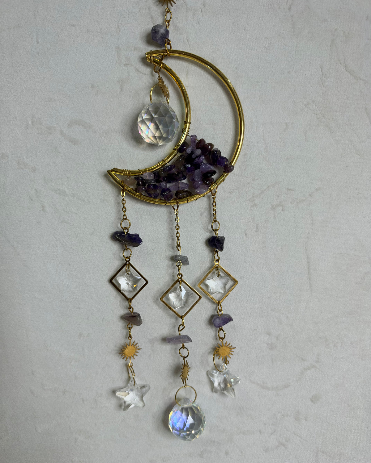 Amethyst Crescent Moon & Stars Suncatcher – 30 × 7 cm