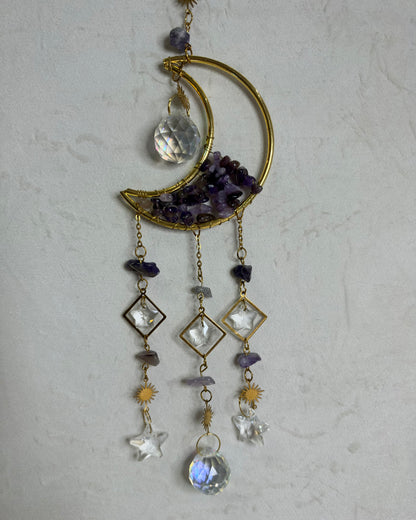 Amethyst Crescent Moon & Stars Suncatcher – 30 × 7 cm