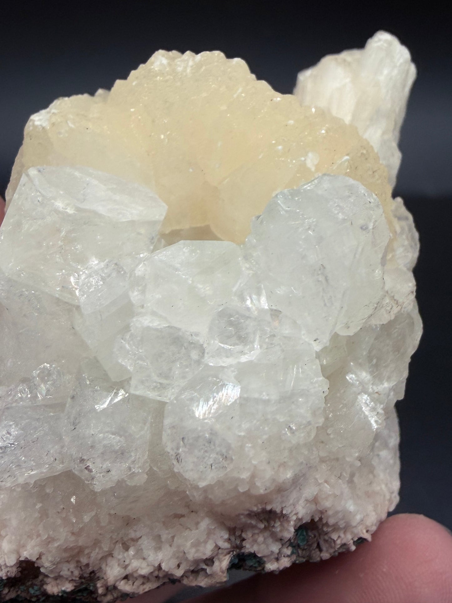 Stilbite on Apophyllite with Chrysocolla on Back