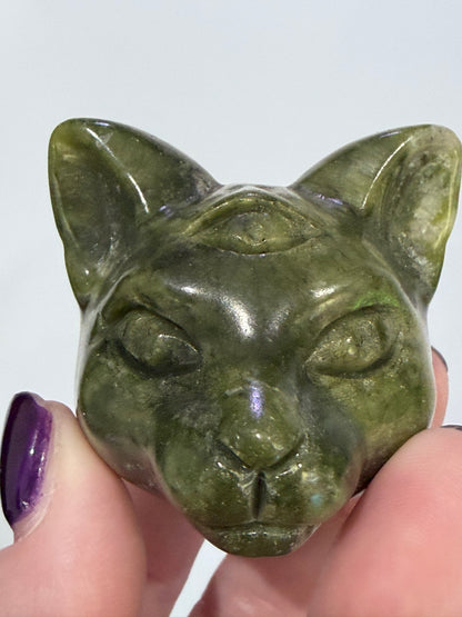 Green Serpentine Cat Head Carving – 5cm B