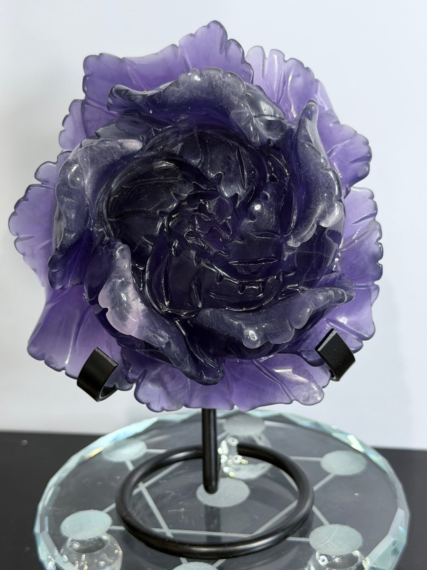 Purple Fluorite Rose Carving with Stand – 805g