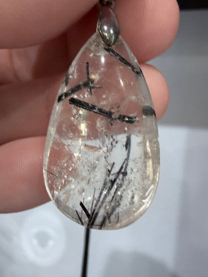Black Tourmaline in Quartz Pendant with 925 Bail & Black Cord (3.4cm)