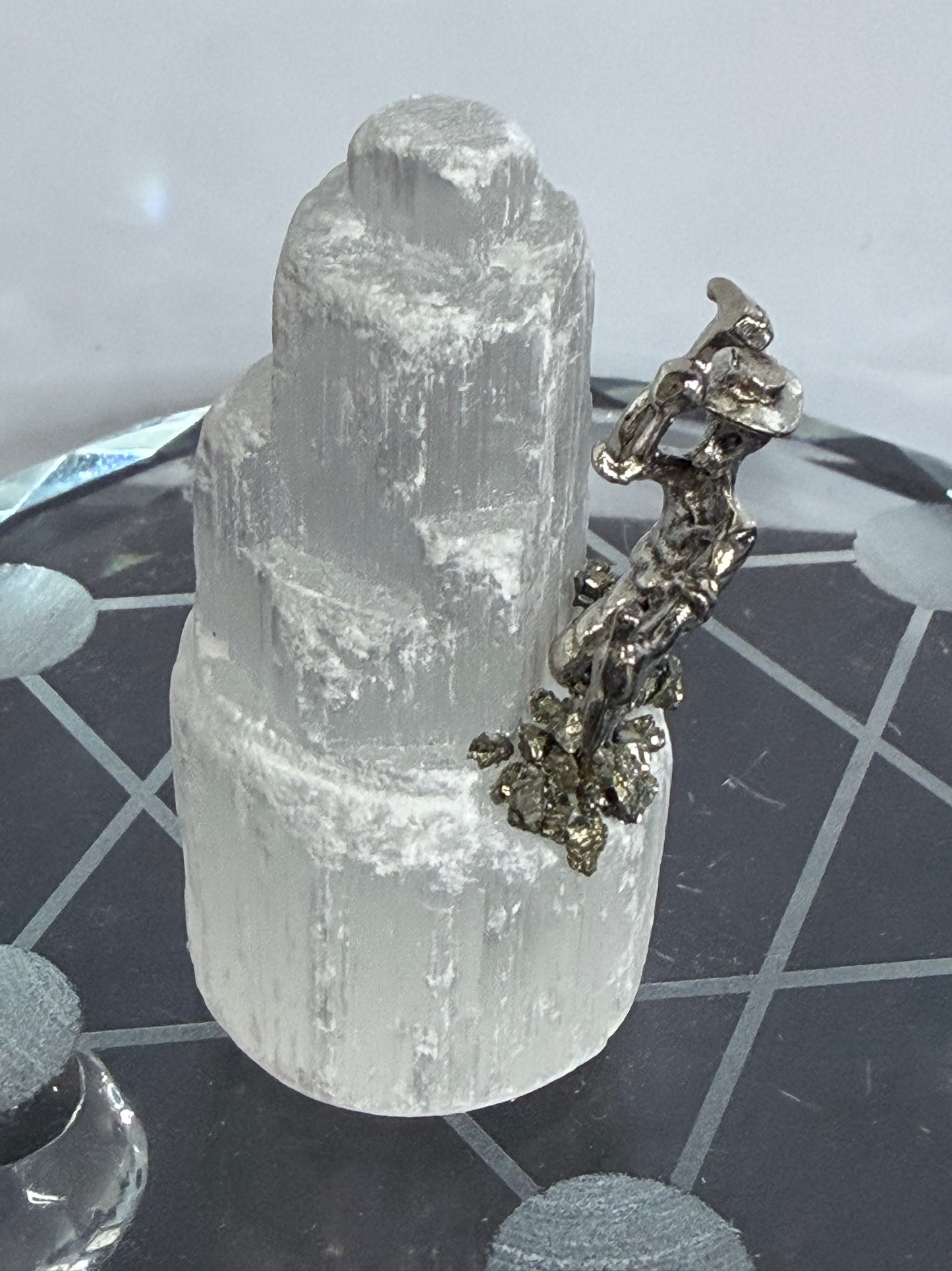 Pyrite Miner on Selenite – 6cm