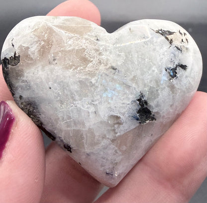 Rainbow Moonstone Heart (White Labradorite) with Black Tourmaline & Silver Mica – 5cm (50–60g)