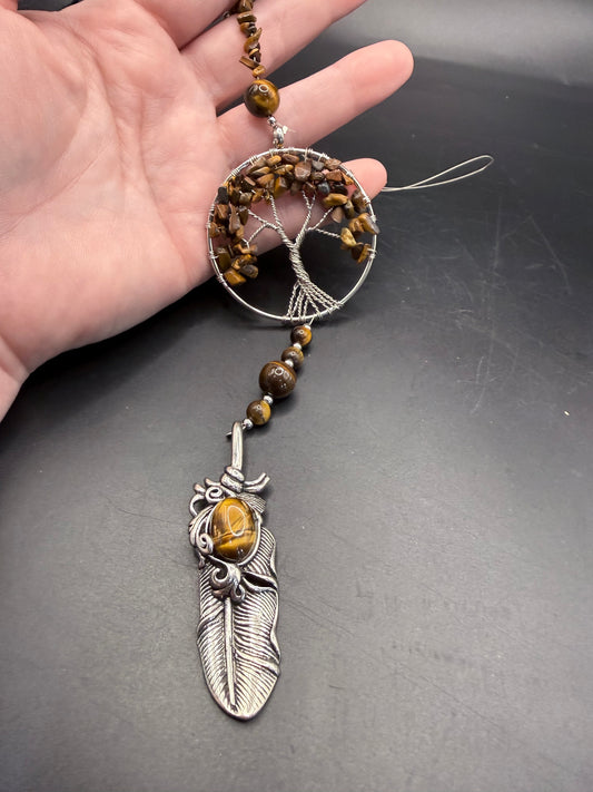 Tiger’s Eye Tree of Life with Feather Hanging Crystal