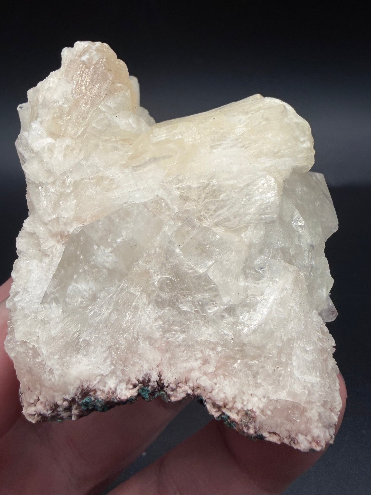 Stilbite on Apophyllite with Chrysocolla on Back