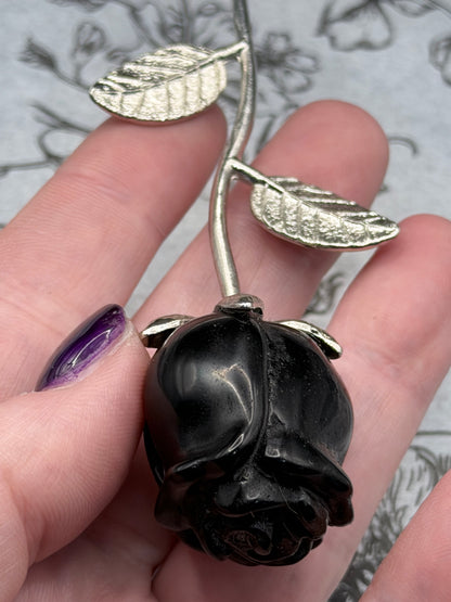 Black Obsidian Rose Carving on Stem (15cm)