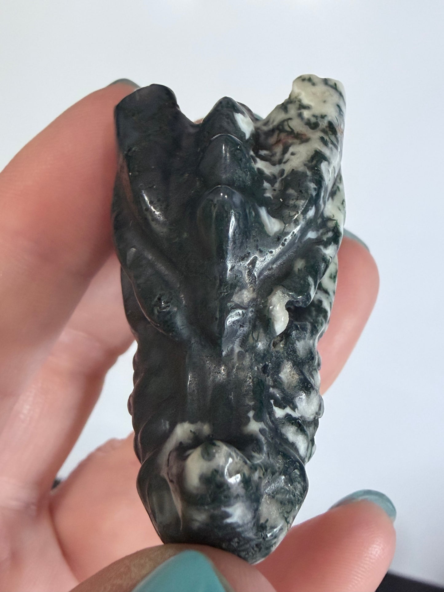 Moss Agate Dragon Head Carving 5cm B -