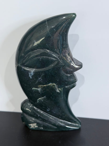 Moss Agate Moon Face Carving – 12cm