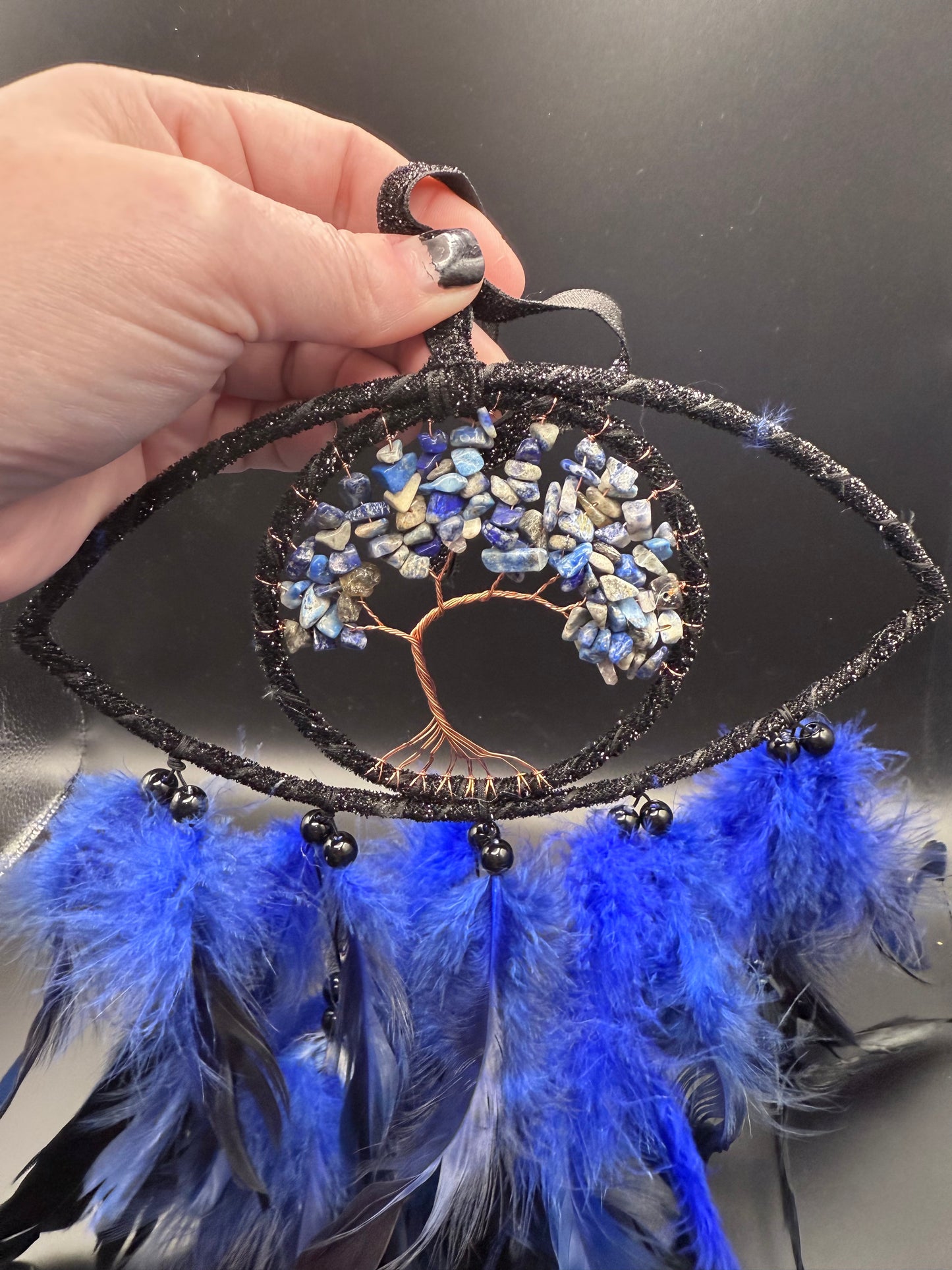 Blue & Black Dreamcatcher with Lapis Lazuli Tree of Life – 35cm