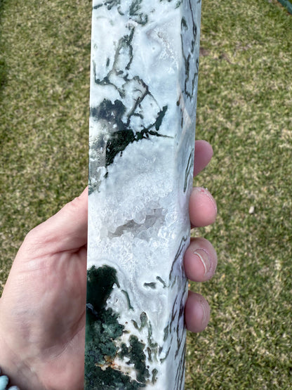 Extra Large Moss Agate Tower with Druzy 35cm 1.4kg