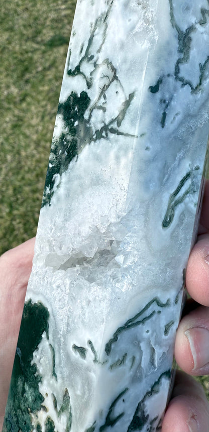 Extra Large Moss Agate Tower with Druzy 35cm 1.4kg