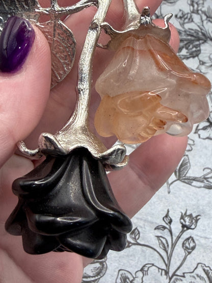 Black Obsidian & Fire Quartz Crystal Double Rose Stem (20cm)