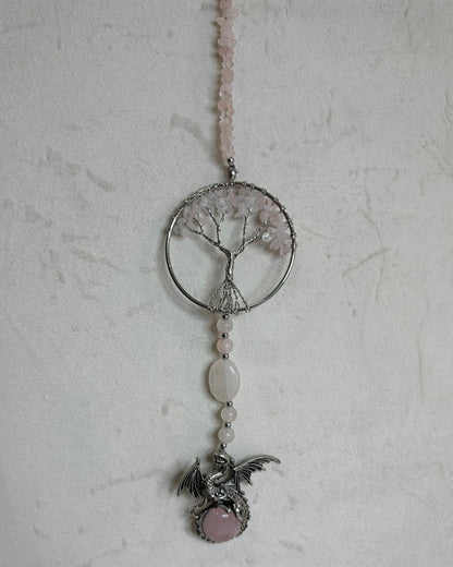 Rose Quartz Tree of Life & Dragon Wall Hanging – 30cm