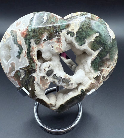 Unique Moss Agate Druzy Heart with Stand