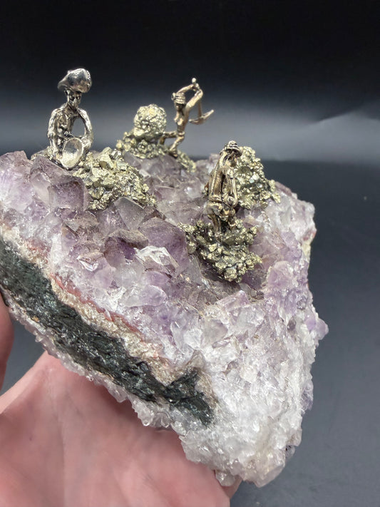 Amethyst Cluster with Pyrite Miner Figures – Collector Specimen 660g