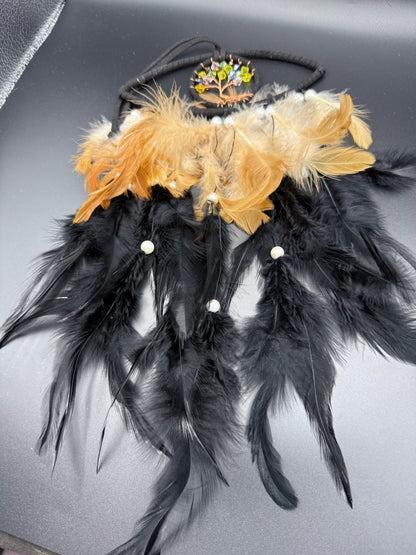 Tree of Life Dreamcatcher with Golden & Black Feathers – 37cm