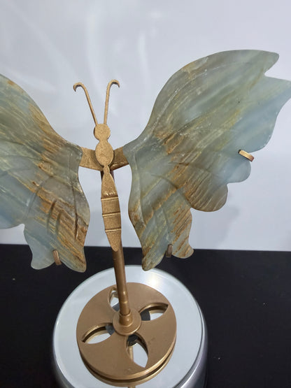 Blue Onyx (Banded Calcite) Butterfly Crystal Display on Stand – 16 cm