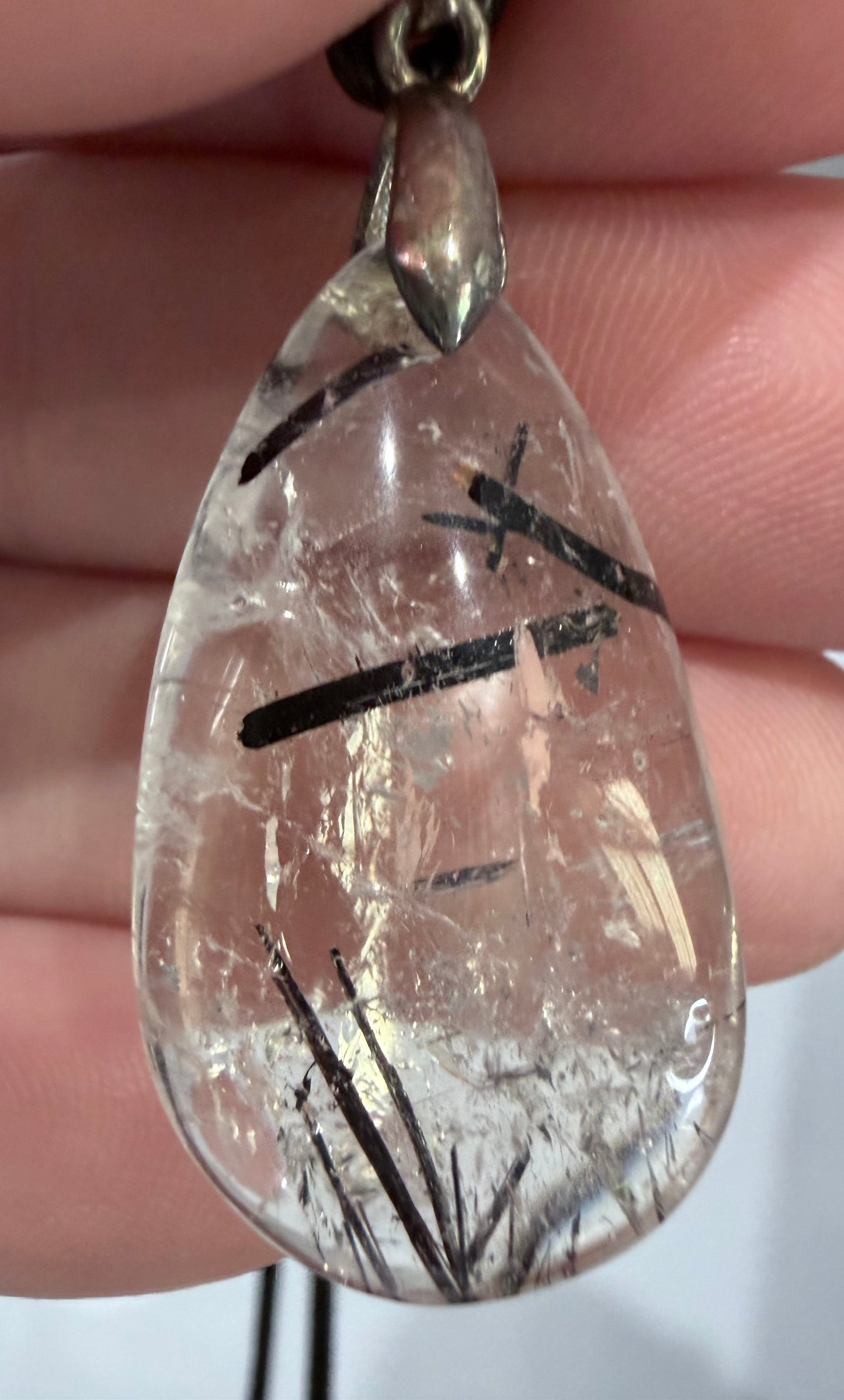 Black Tourmaline in Quartz Pendant with 925 Bail & Black Cord (3.4cm)
