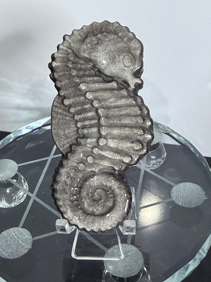 Silver Sheen Obsidian Seahorse Carving On Stand