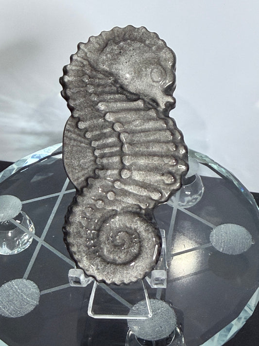 Silver Sheen Obsidian Seahorse Carving On Stand