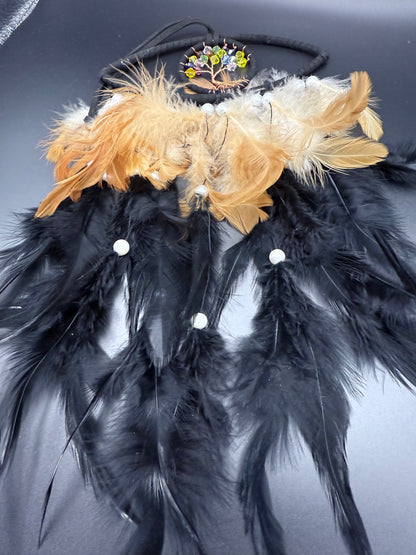 Tree of Life Dreamcatcher with Golden & Black Feathers – 37cm