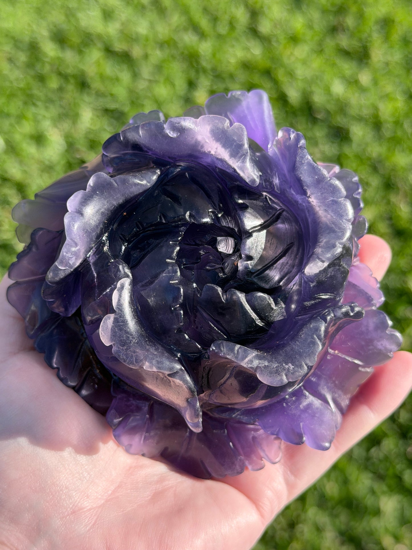Purple Fluorite Rose Carving with Stand – 805g