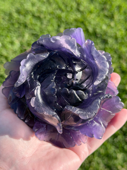 Purple Fluorite Rose Carving with Stand – 805g