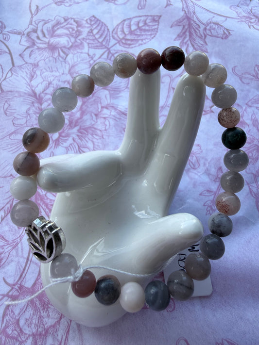 Agate Bracelet 6mm with Lotus Charm