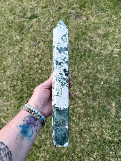 Extra Large Moss Agate Tower with Druzy 35cm 1.4kg