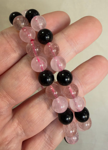 8mm Rose Quartz, Strawberry Quartz & Black Obsidian Bracelet