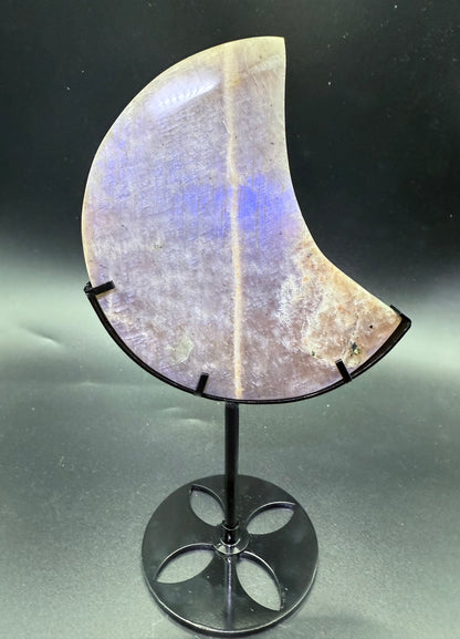 Blue Flash Moonstone with Sunstone Moon on Stand