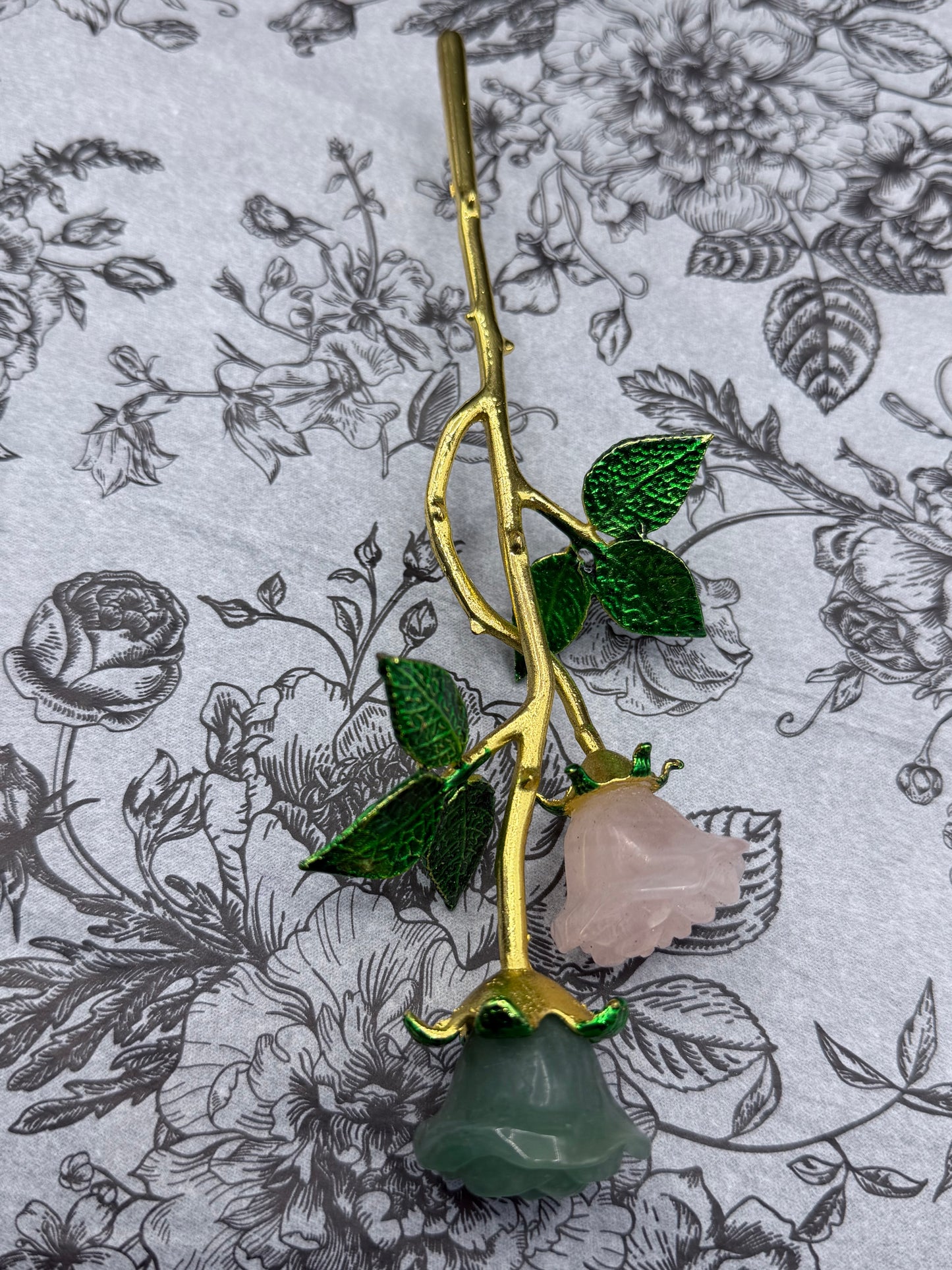Rose Quartz & Green Aventurine Crystal Double Rose Stem (20cm)