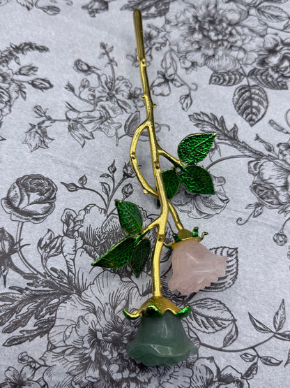 Rose Quartz & Green Aventurine Crystal Double Rose Stem (20cm)
