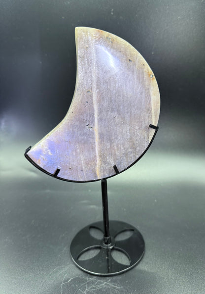 Blue Flash Moonstone with Sunstone Moon on Stand
