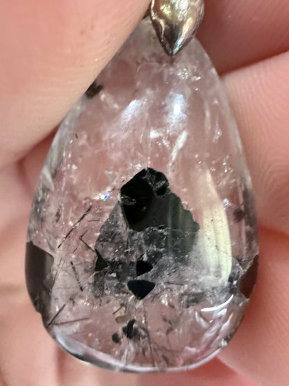 Black Tourmaline in Quartz Pendant with 925 Bail & Black Cord (3cm)