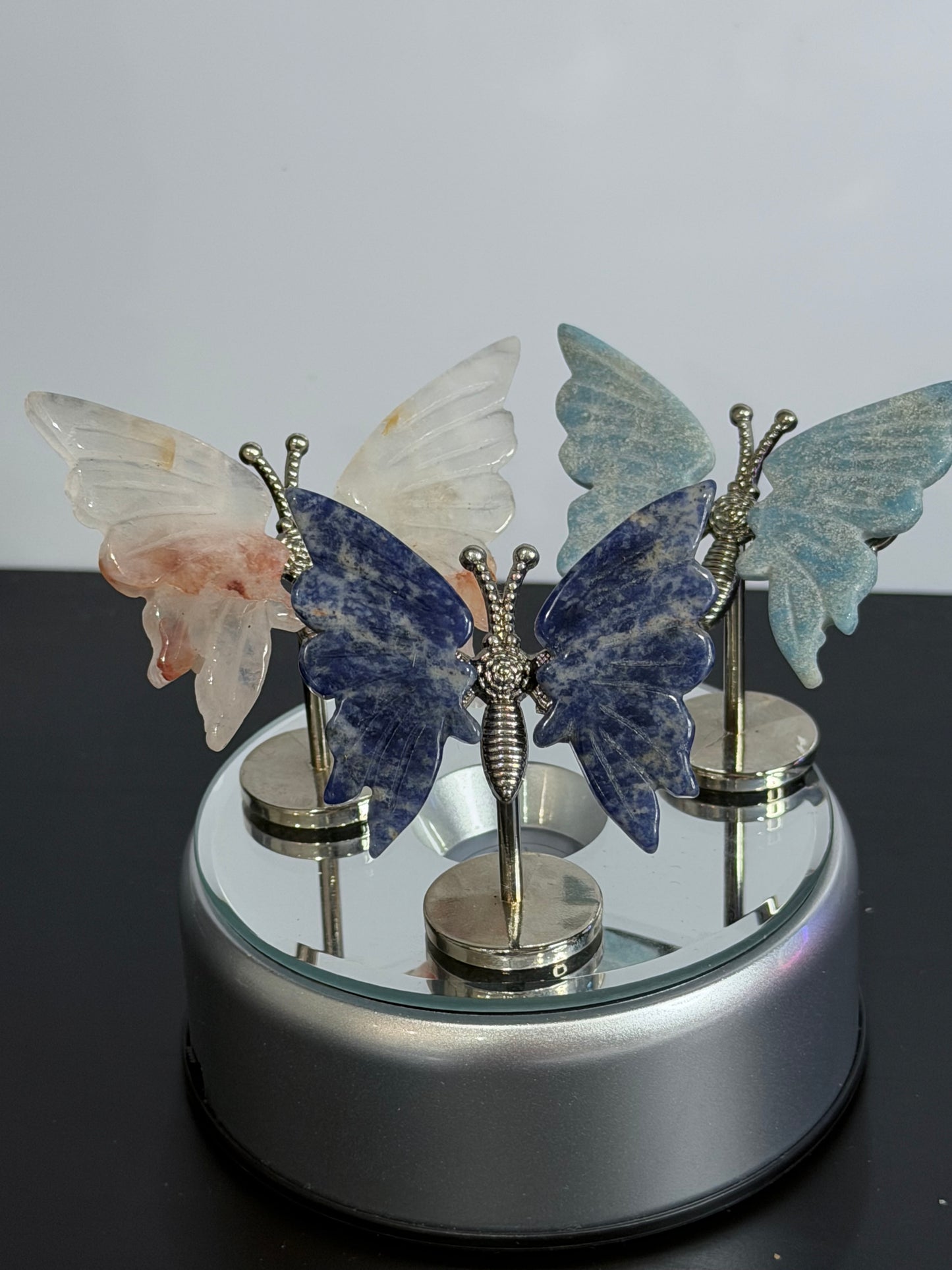 Mini Crystal Butterfly Display Set (3 Pieces) – Fire Quartz, Sodalite & Caribbean Calcite