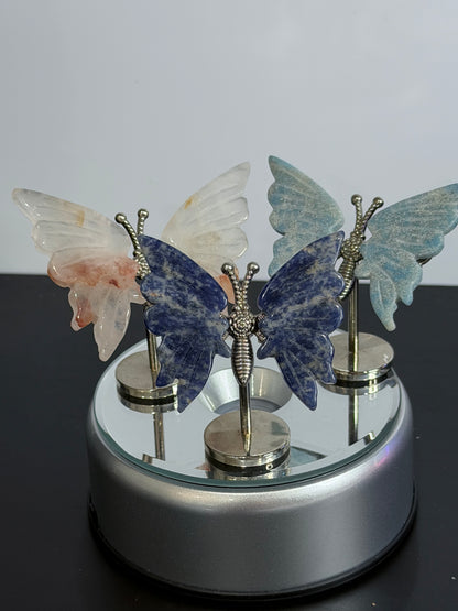 Mini Crystal Butterfly Display Set (3 Pieces) – Fire Quartz, Sodalite & Caribbean Calcite