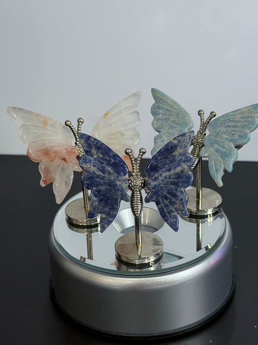 Mini Crystal Butterfly Display Set (3 Pieces) – Fire Quartz, Sodalite & Caribbean Calcite