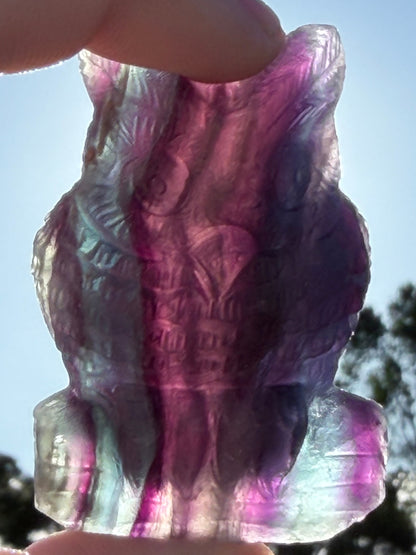 Rare Blue Banding Rainbow Fluorite Owl Carving – 5.1cm