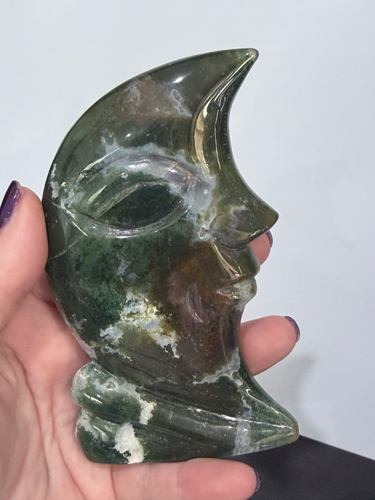 Moss Agate Moon Face Carving – 12.2cm