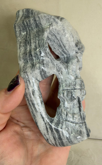 Black Crazy Lace Stone Skull Mask with Stand – 14.5 cm