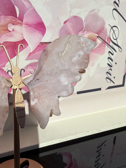 Flower Agate Butterfly on Gold Stand