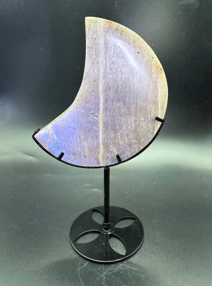 Blue Flash Moonstone with Sunstone Moon on Stand