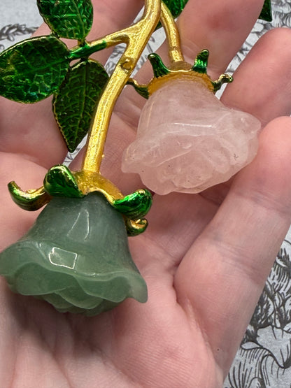 Rose Quartz & Green Aventurine Crystal Double Rose Stem (20cm)