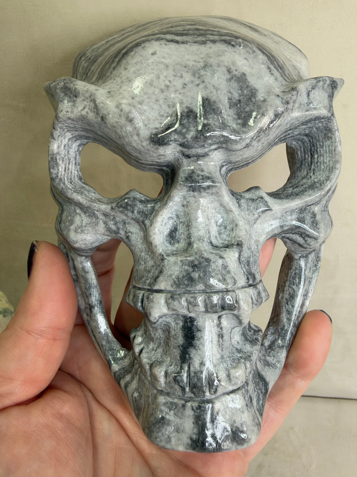 Black Crazy Lace Stone Skull Mask with Stand – 14.5 cm