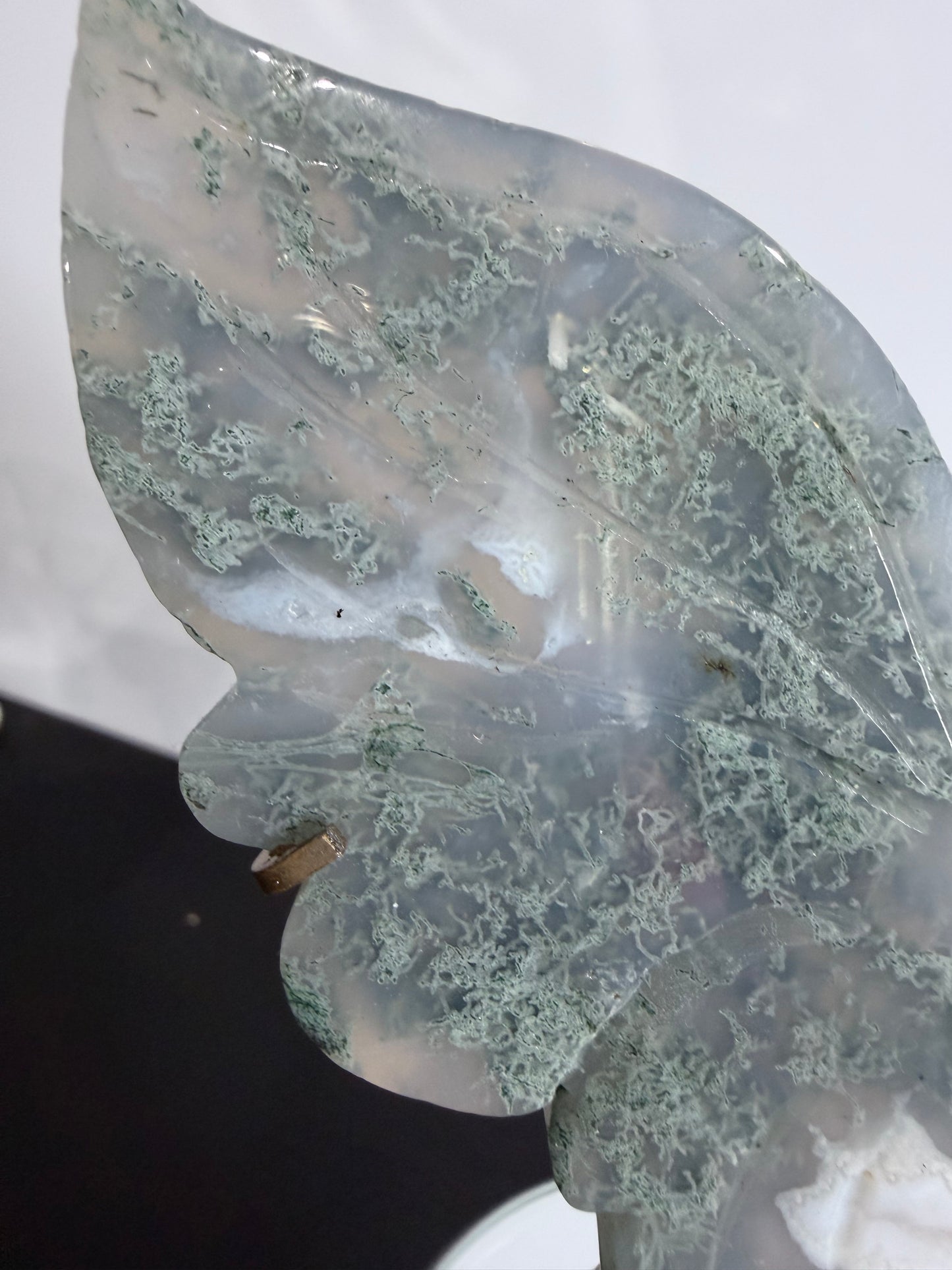 Moss Agate Butterfly Crystal Display on Stand – 16 cm