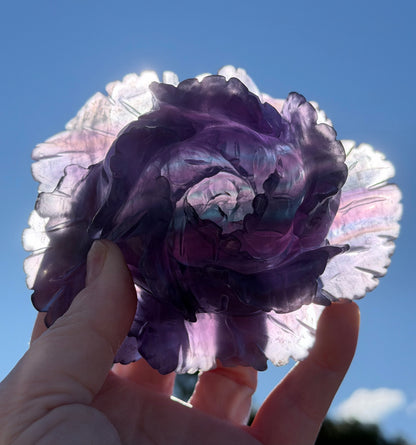 Rainbow Fluorite Rose Carving with Stand – 582g