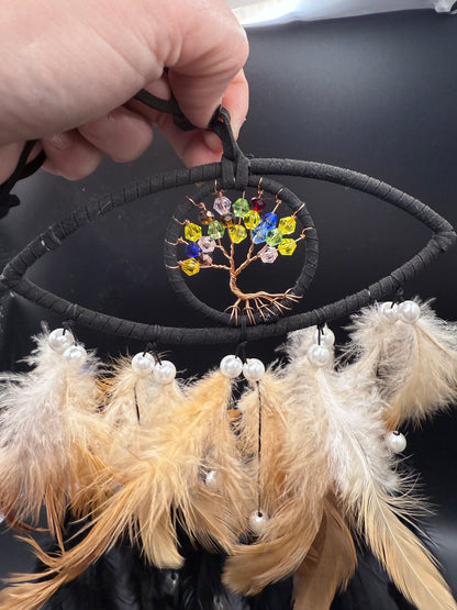 Tree of Life Dreamcatcher with Golden & Black Feathers – 37cm